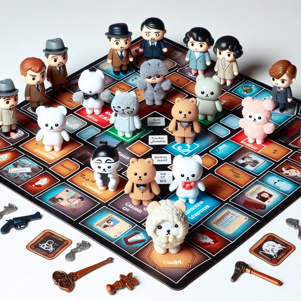 A classic Clue game board with characters and weapons set up for play