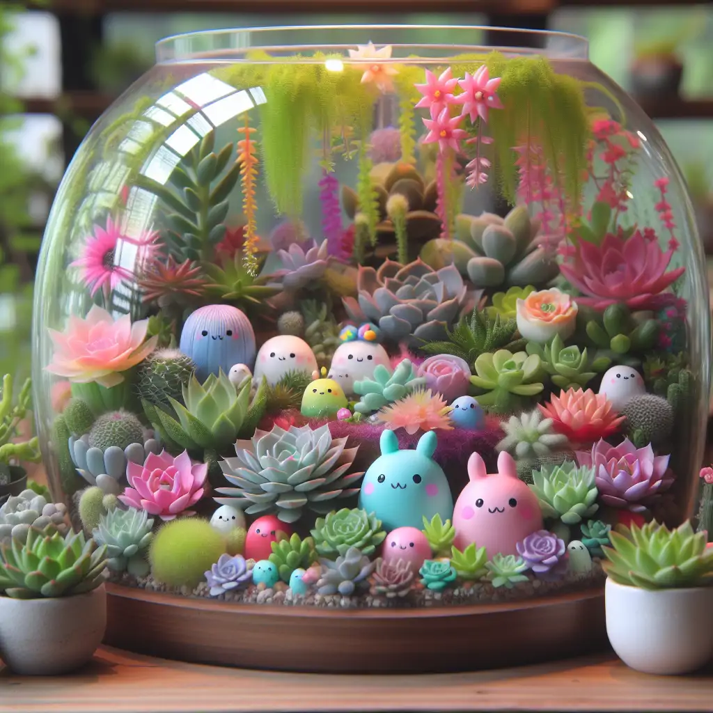 A vibrant display of various succulents in a large terrarium