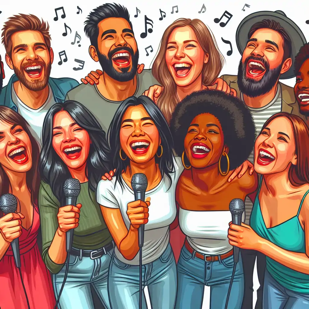 A group of friends laughing and singing together at the end of a karaoke night.