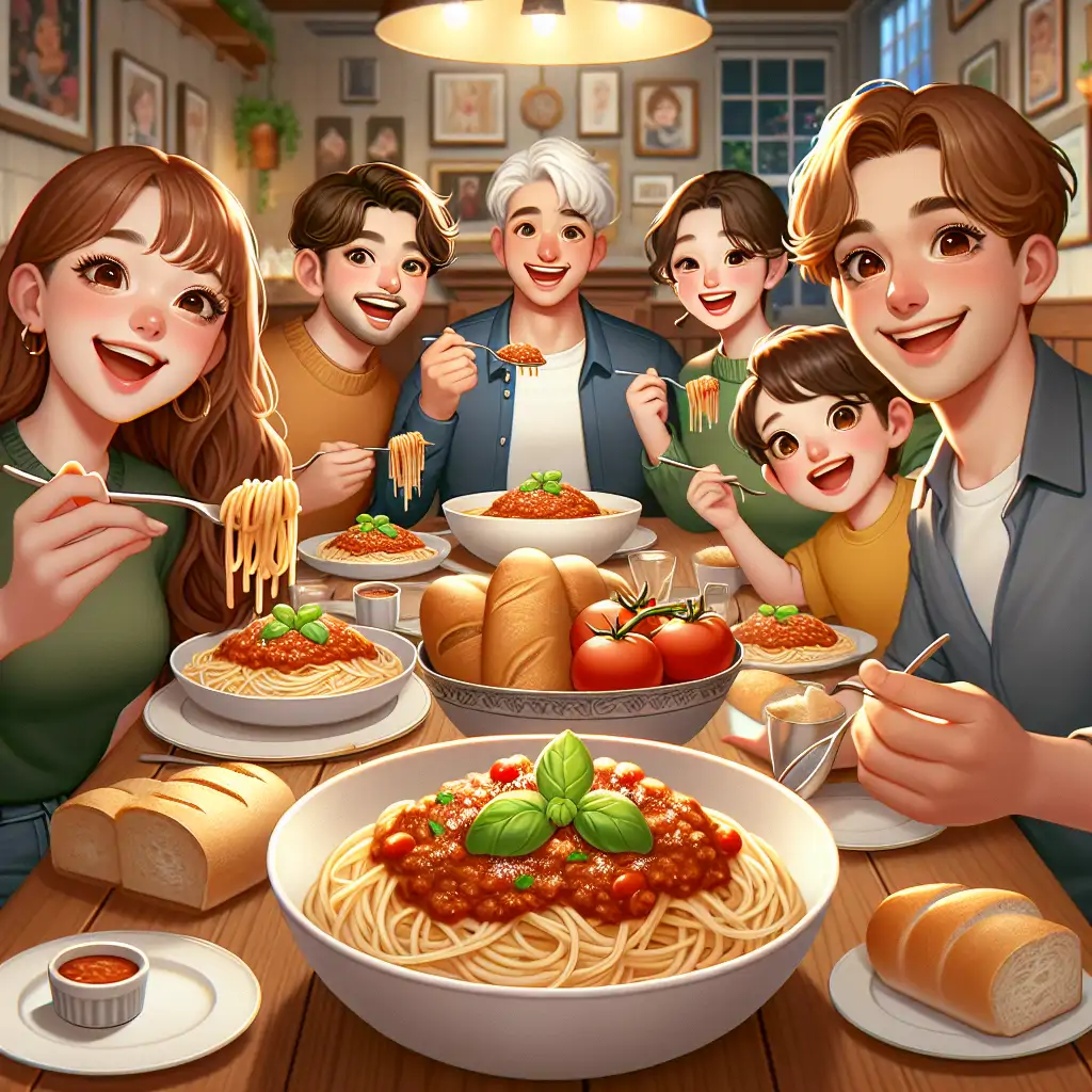 A smiling group of friends enjoying spaghetti Bolognese at a dinner party.