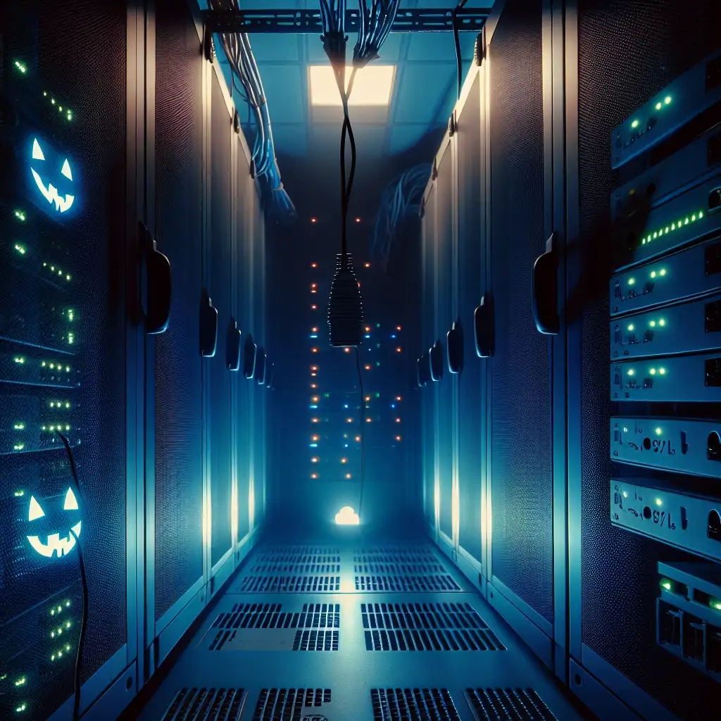 A dimly lit server room with flickering lights and eerie shadows.