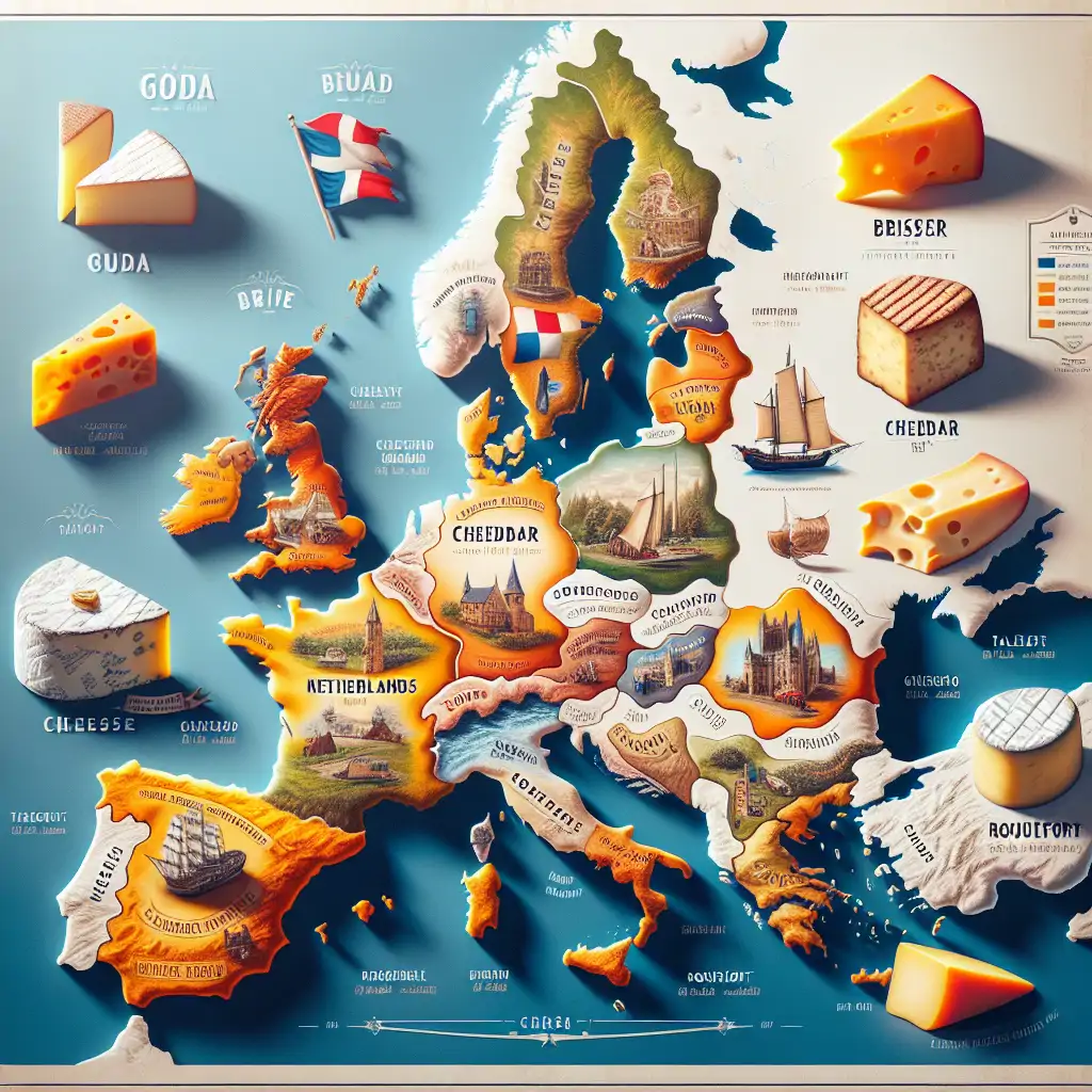A picturesque map marking the geographic origins of each mentioned cheese, with illustrations or icons representing Gouda, Brie, Cheddar, Taleggio, Roquefort, and Stinking Bishop.