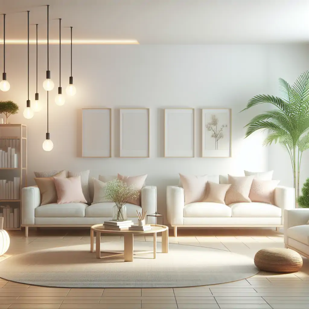 A bright, organized, and minimalist living room symbolizing peace and simplicity.