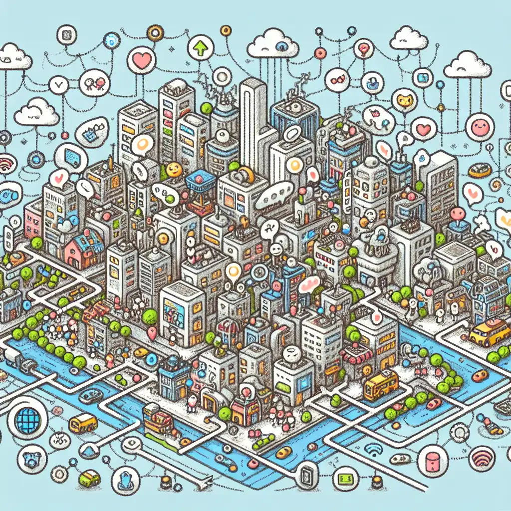 A bustling digital cityscape illustrating the interconnectedness and complexity of the online world.