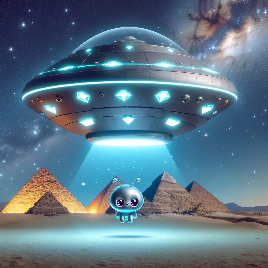 A futuristic alien spaceship hovering over the pyramids of Egypt under a starlit sky.