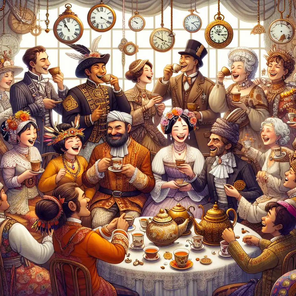 A whimsical gathering of guests dressed in historical costumes enjoying a tea party surrounded by clocks