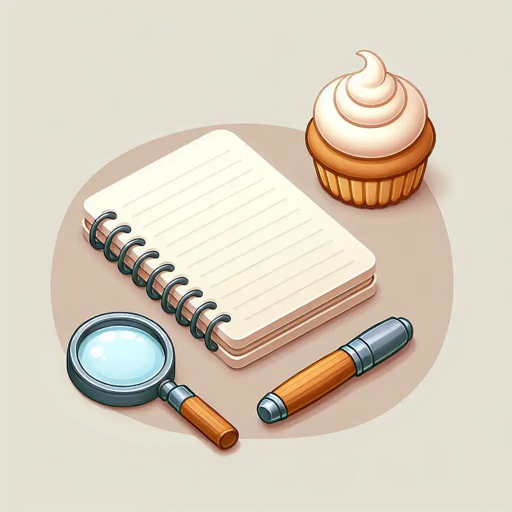 An illustration of a notebook with a magnifying glass and a cupcake beside it.