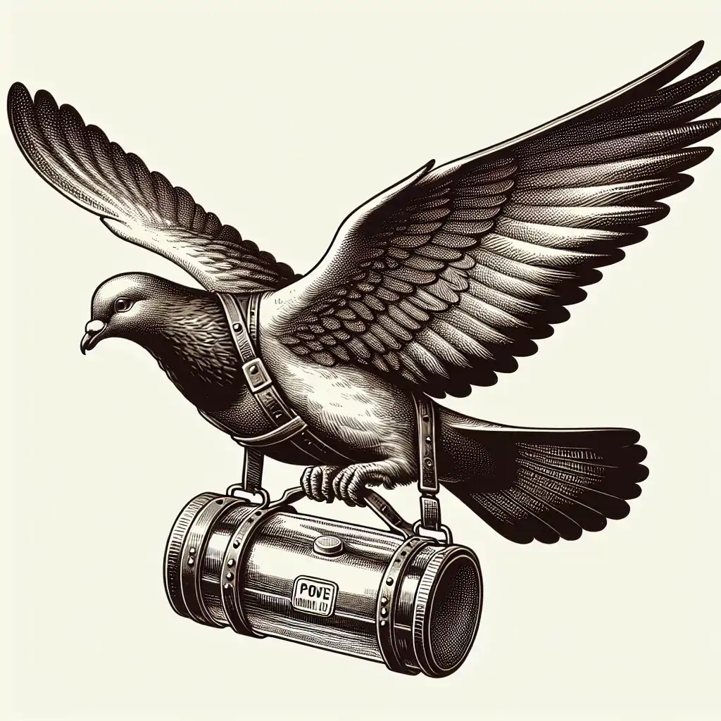 A vintage photograph of a military homing pigeon in flight with a message capsule.