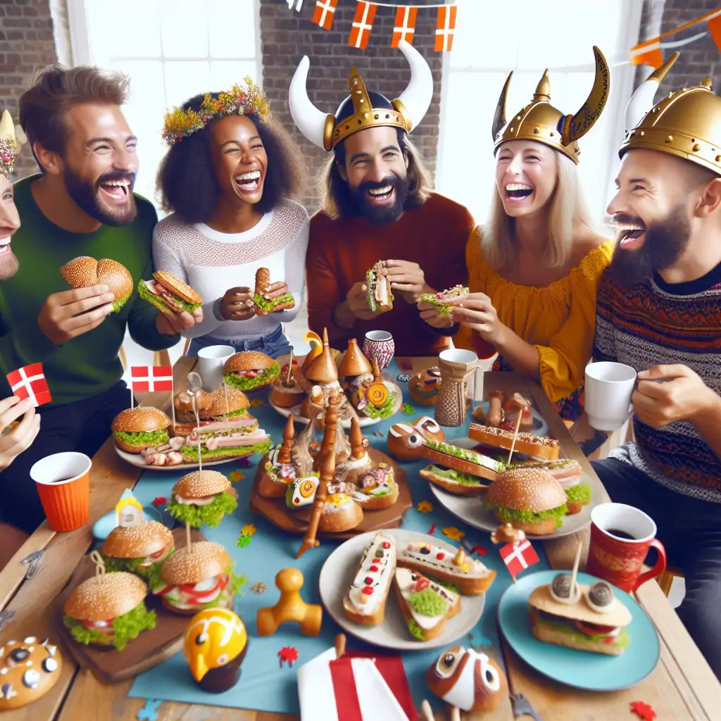 A group of people enjoying a meal, sharing stories and smiles around a table laden with smørrebrød and Viking-inspired decorations.