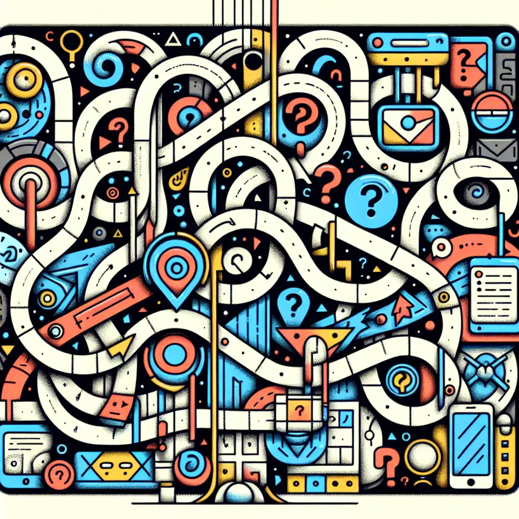 An exaggerated map with perplexing loops and question mark symbols representing how virtual navigators humorously get lost in digital malls.