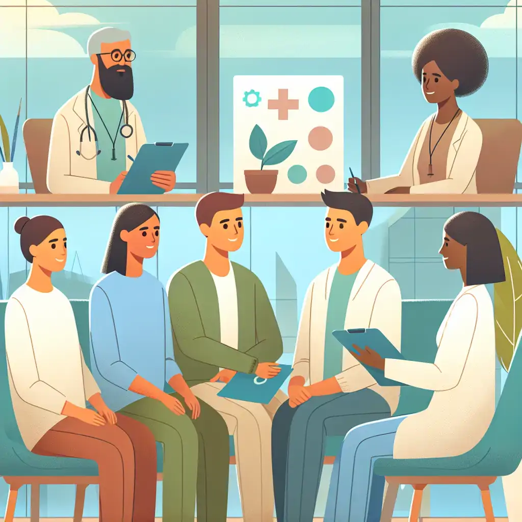 A depiction of psychologists integrated into the NHS environment, engaging with patients and using technology.