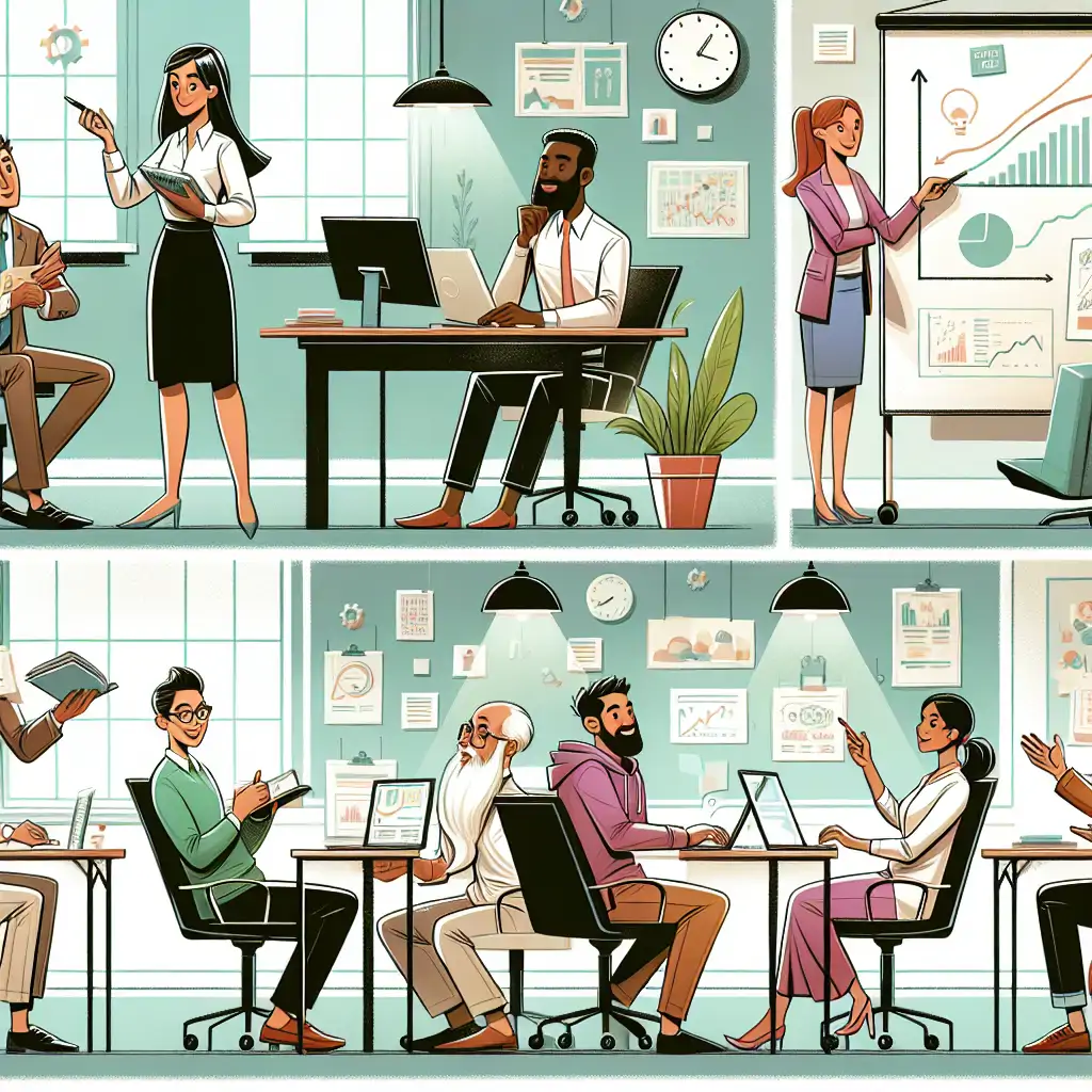 A funny and dynamic illustration of office workers dealing with a difficult boss in creative ways.