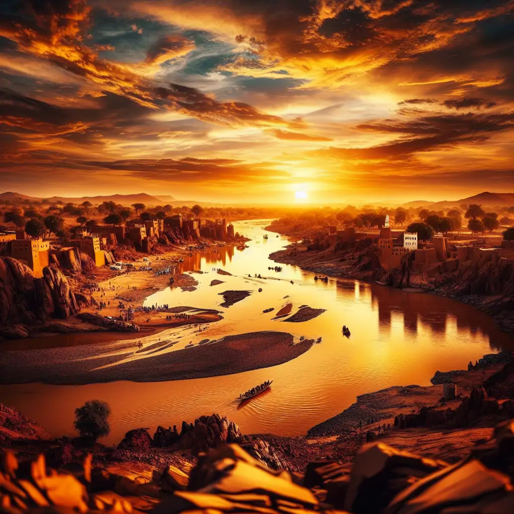 A panoramic view of the Niger River at sunset, highlighting the golden and orange hues that resemble the colors of Mali's rich earth.