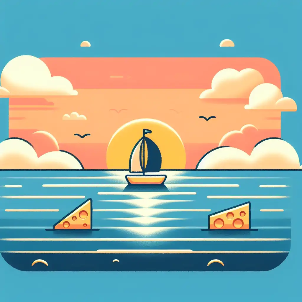 A serene sunset over the ocean, with a small sailboat in the distance carrying a wheel of cheese as its sail.