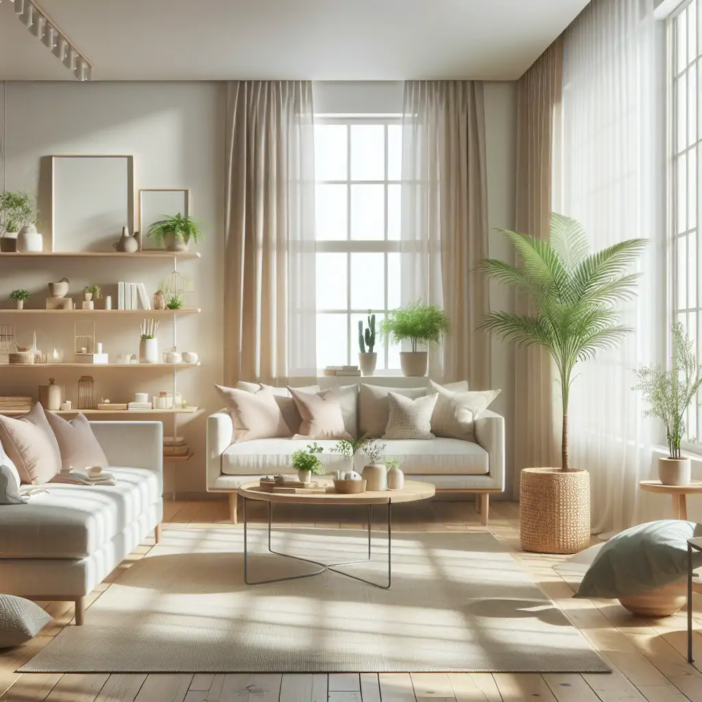 A cozy, organized living room free of clutter and filled with calming natural light.