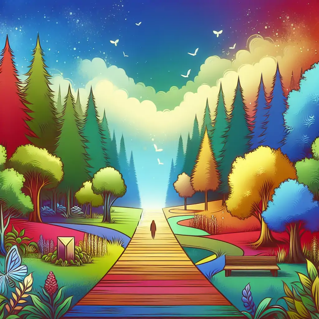 A serene and colorful illustration of a path surrounded by nature, symbolizing the journey of healing in therapy with humor.
