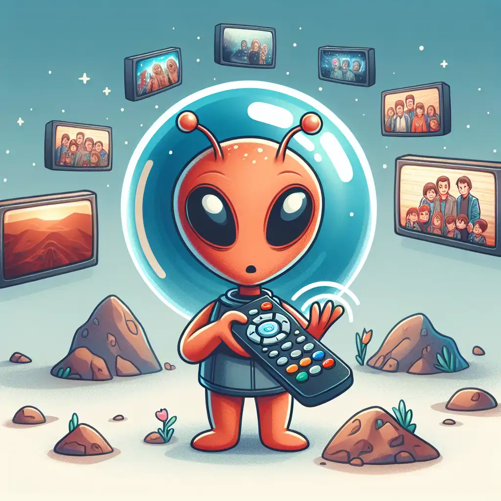 A Martian holding a TV remote, amused, with Earth TV shows visible in holographic screens around them