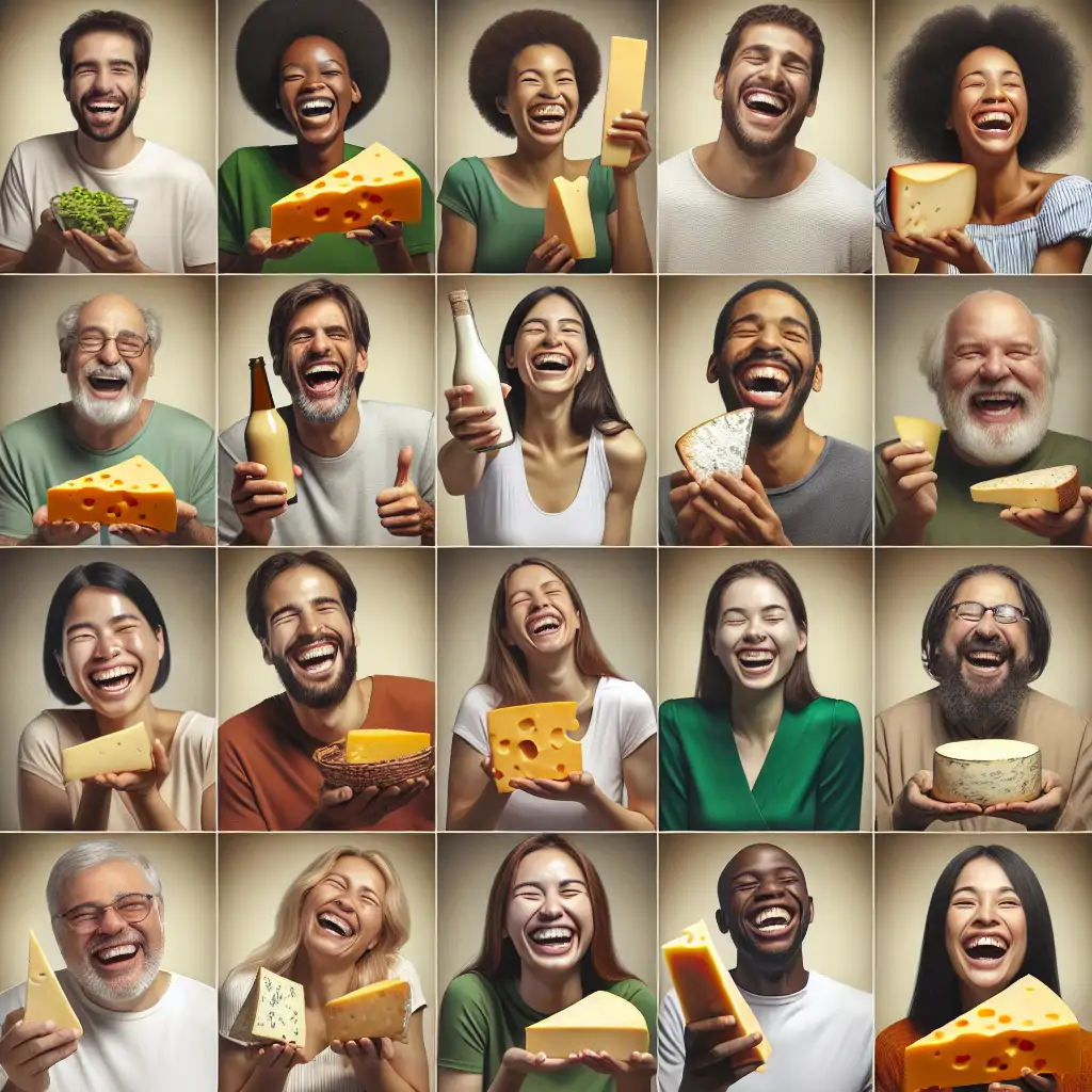 A collage of happy people from around the world holding different types of cheese and laughing.