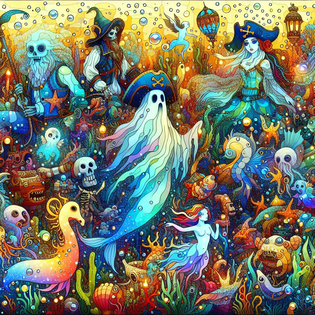 A vibrant depiction of an underwater party with ghostly pirates, sea-nymphs, and mythical sea creatures enjoying a lively jamboree.