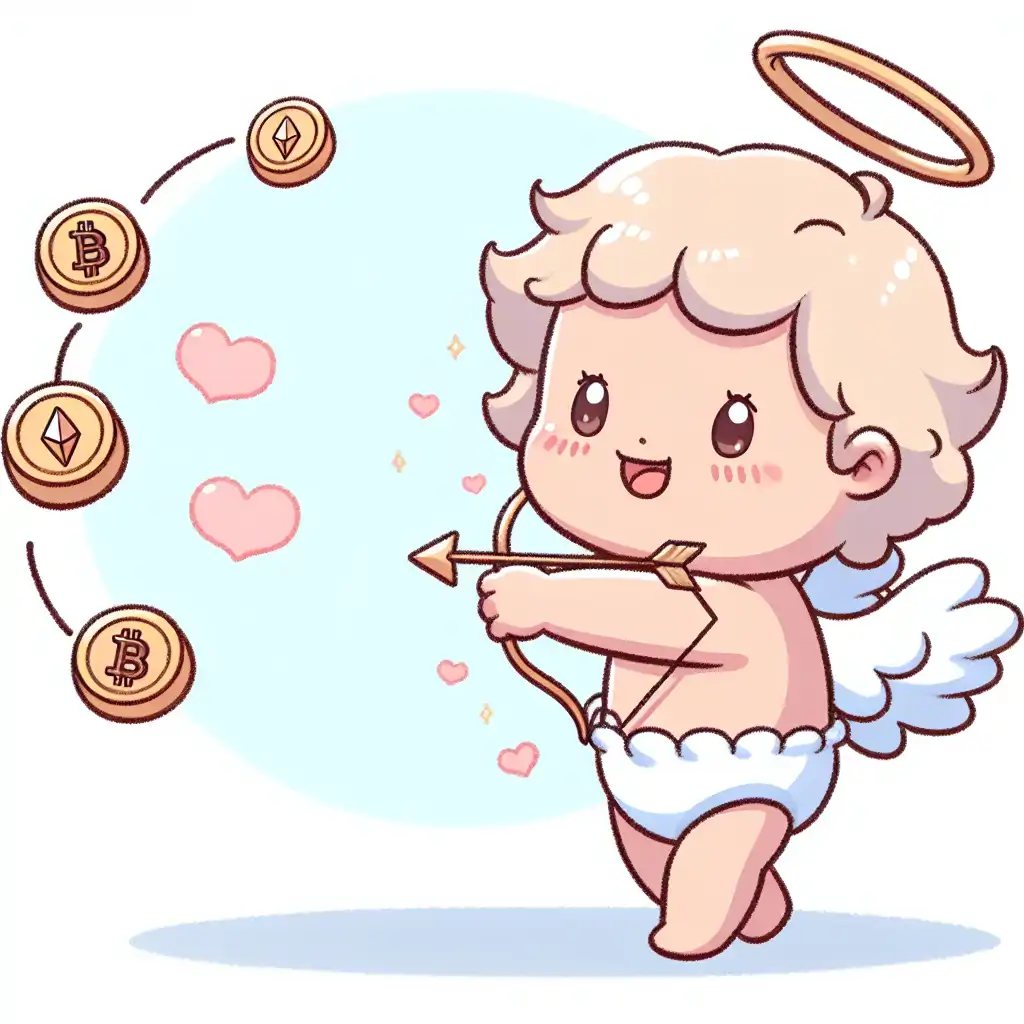 A whimsical cartoon of Cupid aiming arrows at blockchain connections, portraying digital love.