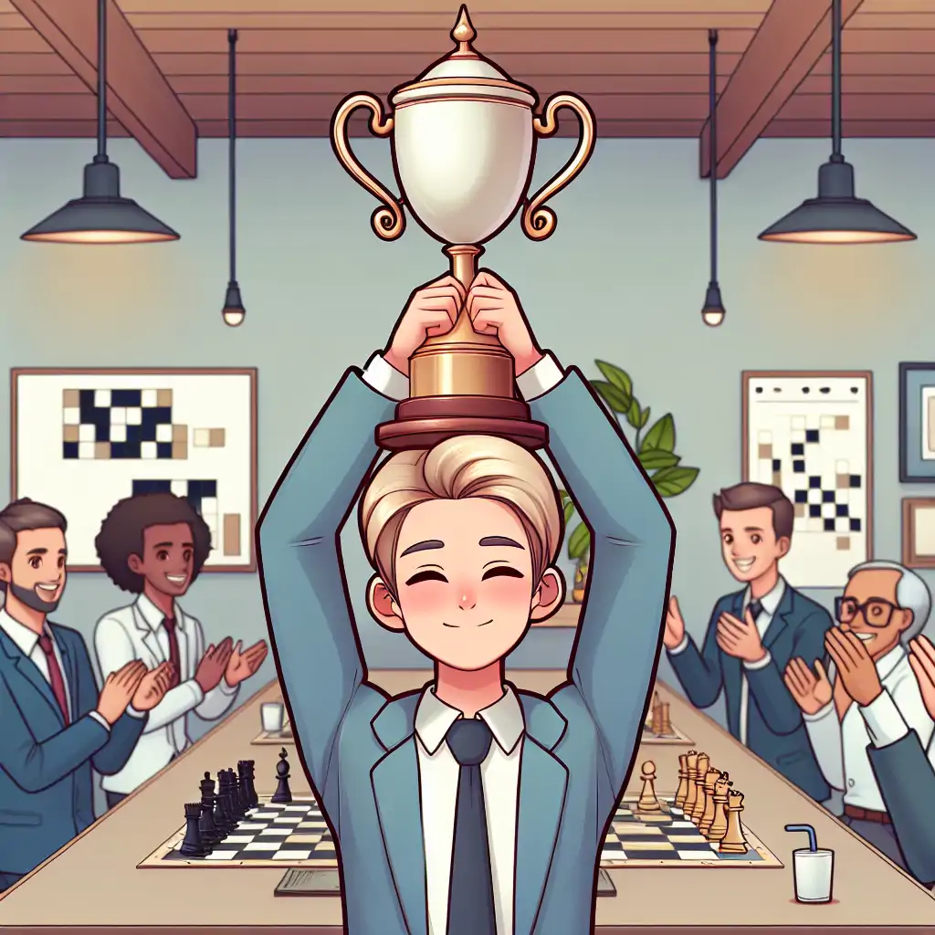 A victorious player raising a trophy at a chess championship.