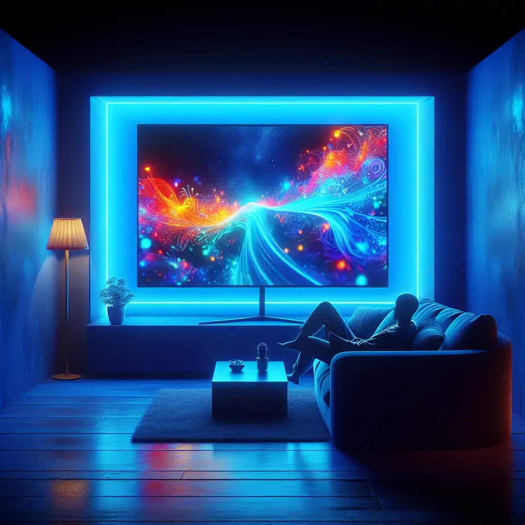 A cozy living room with a person on a couch, immersed in watching a colorful TV screen. Light from the TV casts dynamic shadows on the wall, creating an allegory-like ambiance.