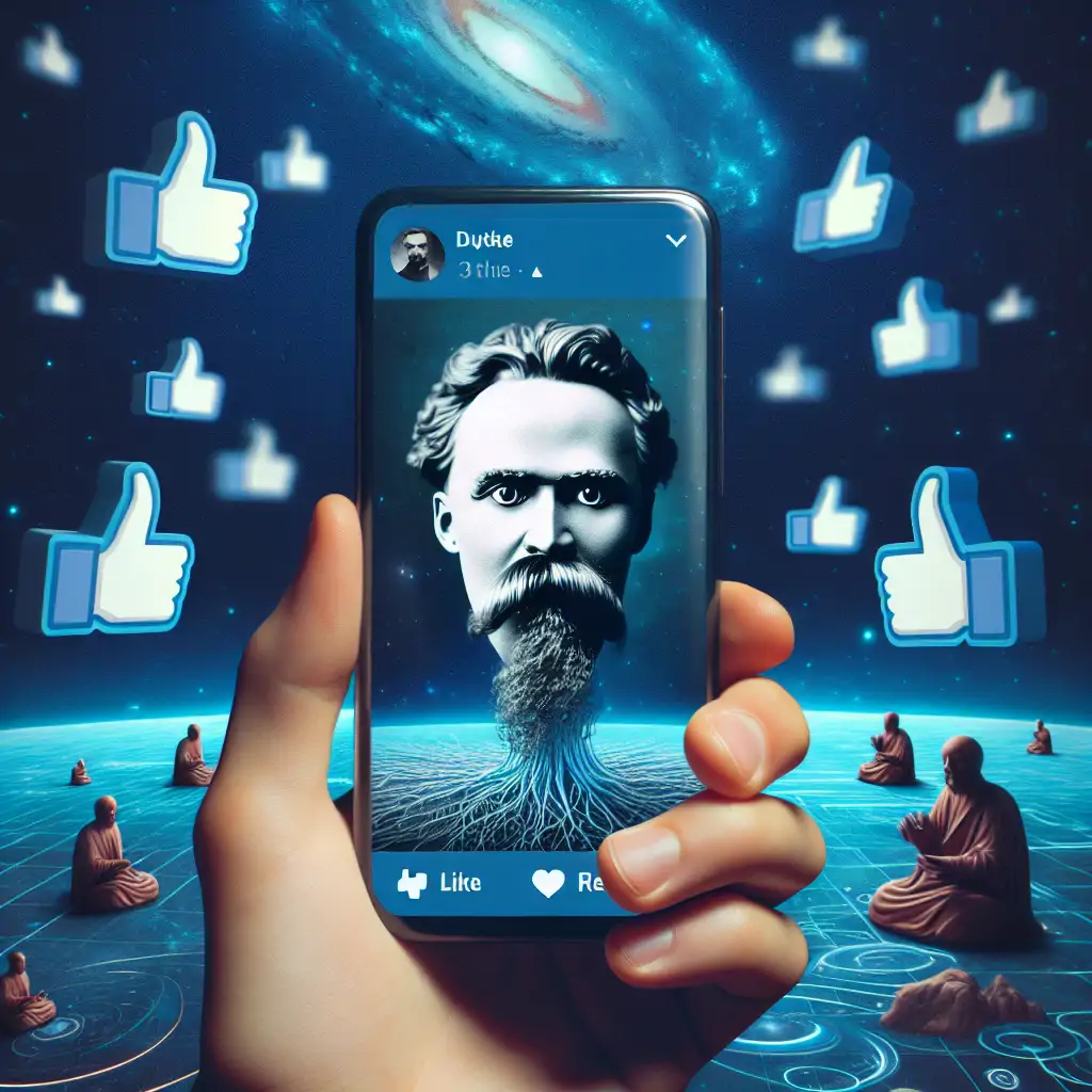 A surrealistic image depicting Nietzsche's face on a smartphone screen, surrounded by floating like and retweet icons.