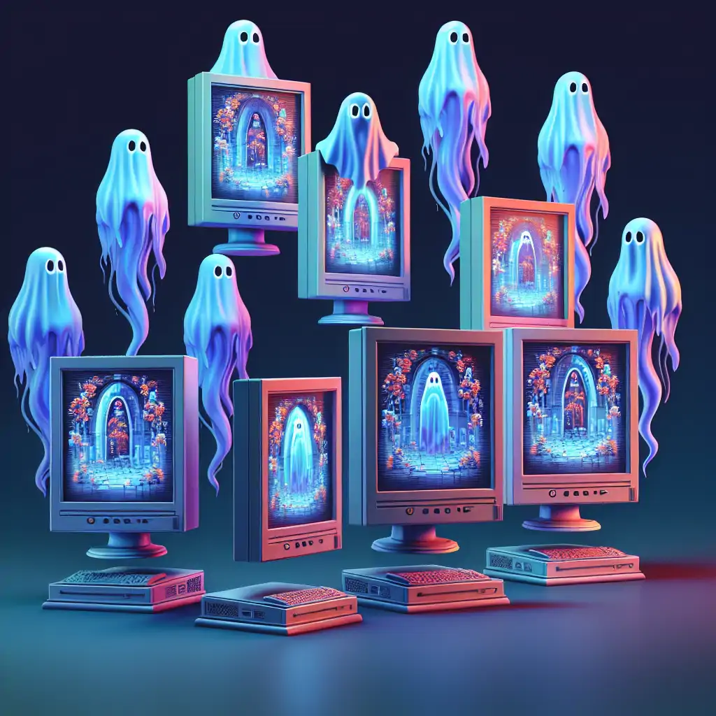 A collection of haunted, floating computer monitors with ghostly images on the screens.