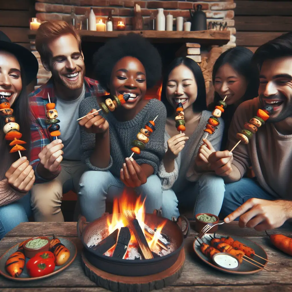 A rustic fireplace setting with grilled root vegetable skewers being enjoyed by a group of joyful friends.