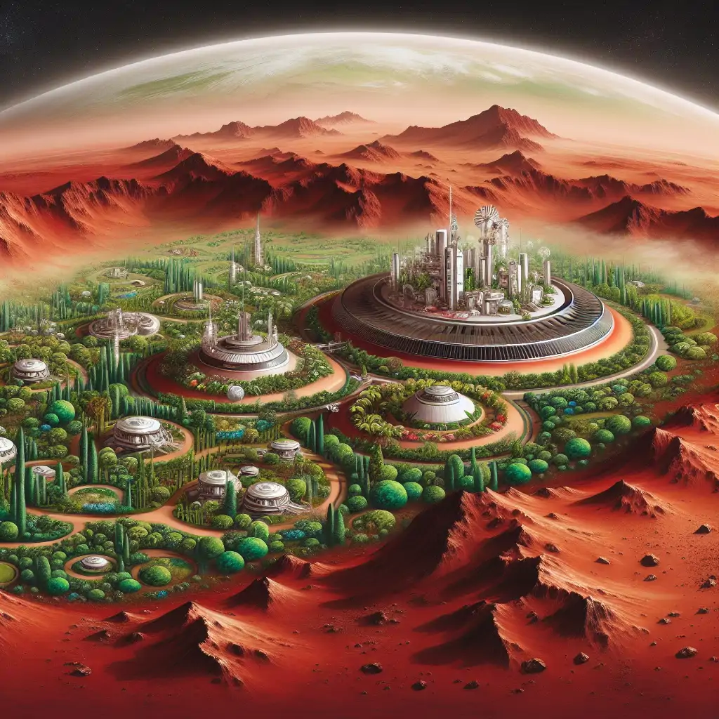 A vivid depiction of Mars being terraformed with lush greenery and advanced colony structures.