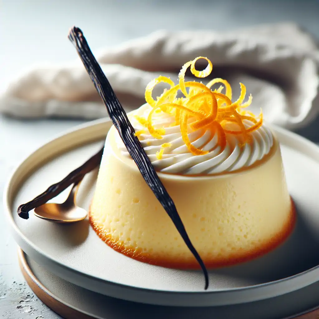 A beautifully plated modern twist on a classic custard pudding, garnished with fresh citrus zest and a vanilla bean.