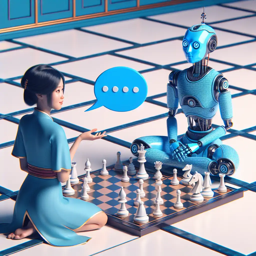 A comical image of AristotleBot sitting at a chessboard with a human, pieces scattered as the AI wins. Speech bubble from AristotleBot reads, 'Checkmate! Now, about that Golden Mean...' 