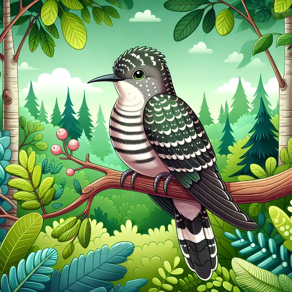 A colorful illustration of a cuckoo bird perched on a branch, surrounded by the lush greenery of a European forest.