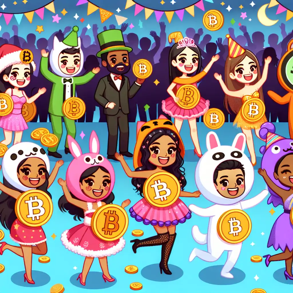 A lively cryptocurrency-themed party with attendees in colorful costumes.