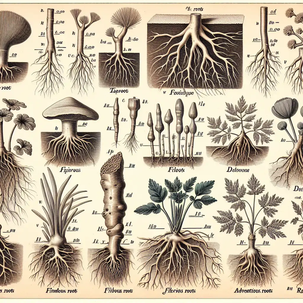 Diagrams of various underground plant roots showing their unique shapes and characteristics.