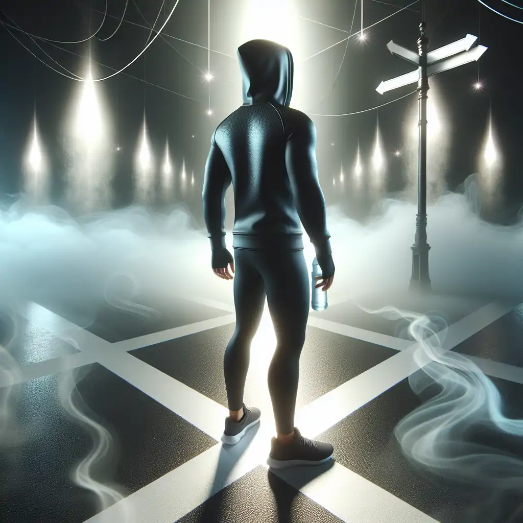 A figure in workout gear, standing at a crossroads under a misty, ethereal light.
