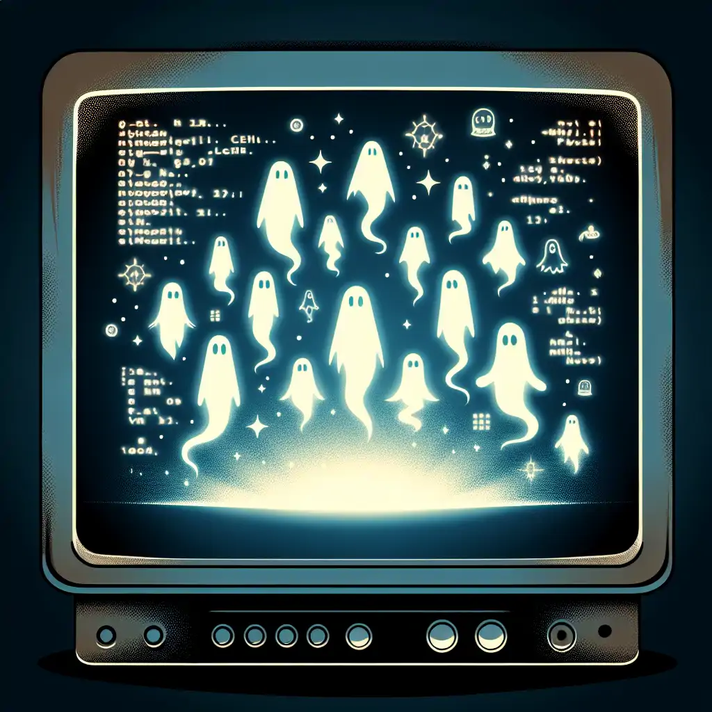 A mysterious glowing monitor with ghostly figures and floating code.