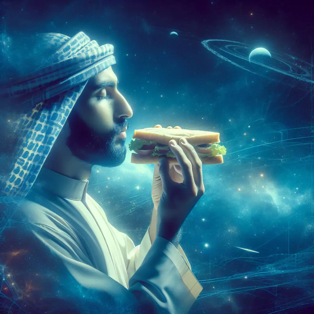 A serene image of someone biting into a thoughtfully made sandwich, capturing the moment of both culinary and philosophical satisfaction.