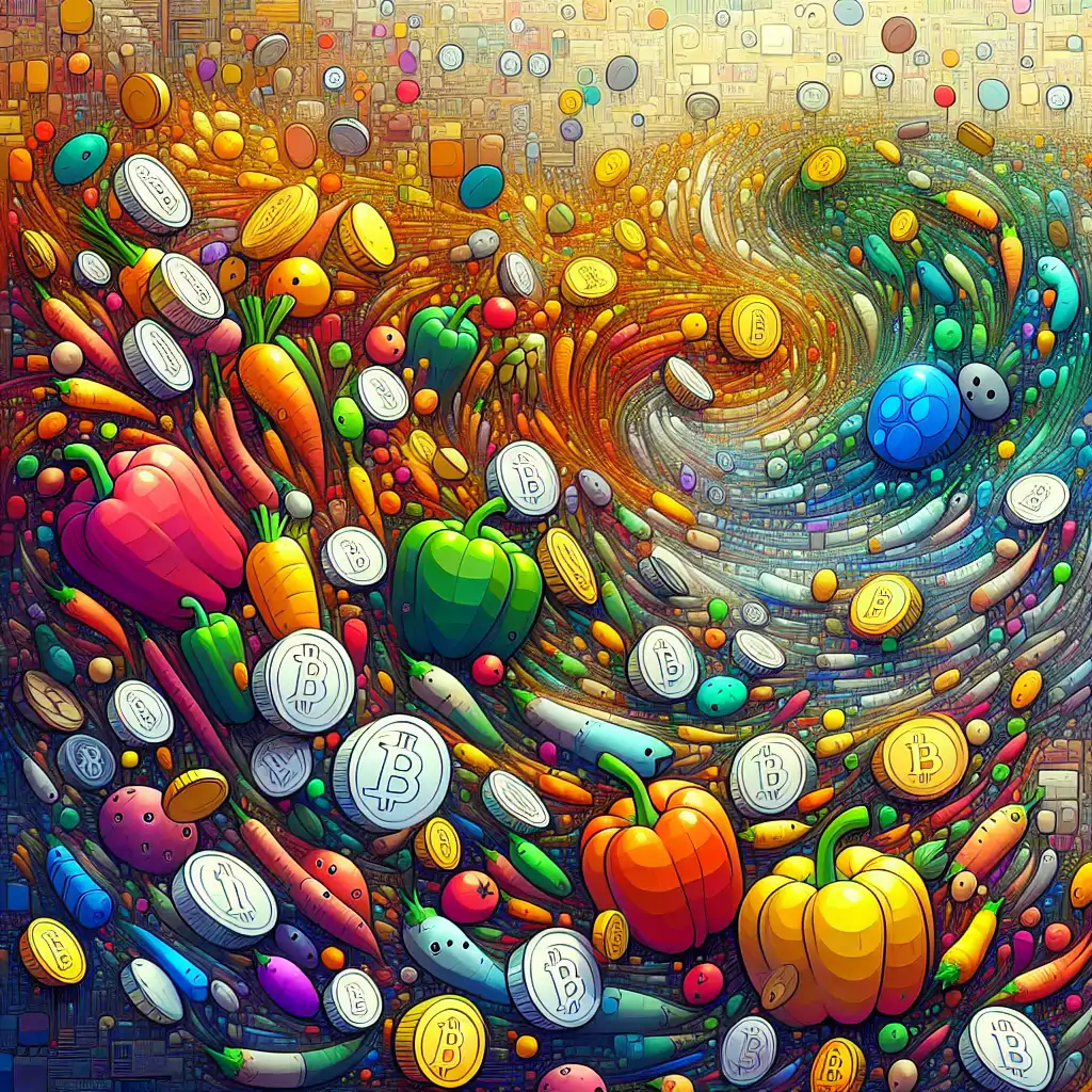 A cartoonish depiction of crypto coins designed as vegetables in a chaotic market setting.