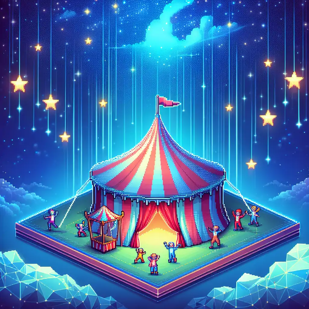 A colorful circus tent under starry skies, with clowns and acrobats made of pixelated graphics, representing the crazy world of crypto.