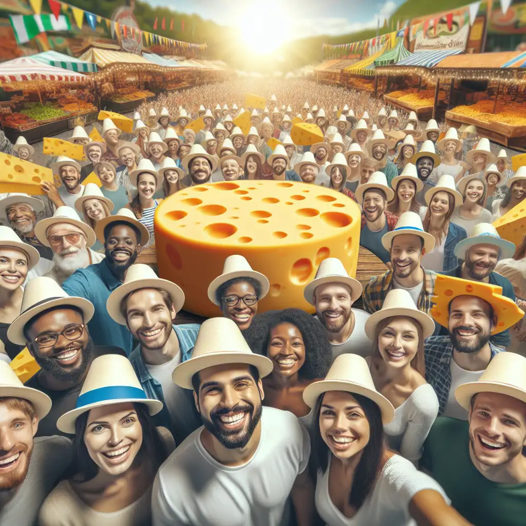 A jovial group of cheese lovers wearing cheese-shaped hats, gathered around a large cheese wheel in a vibrant festival setting.