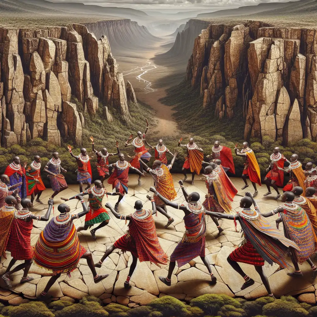 A warm, inviting image of Maasai warriors performing a traditional dance with the backdrop of the Great Rift Valley, capturing both the cultural vibrancy and the geological splendor of the region.