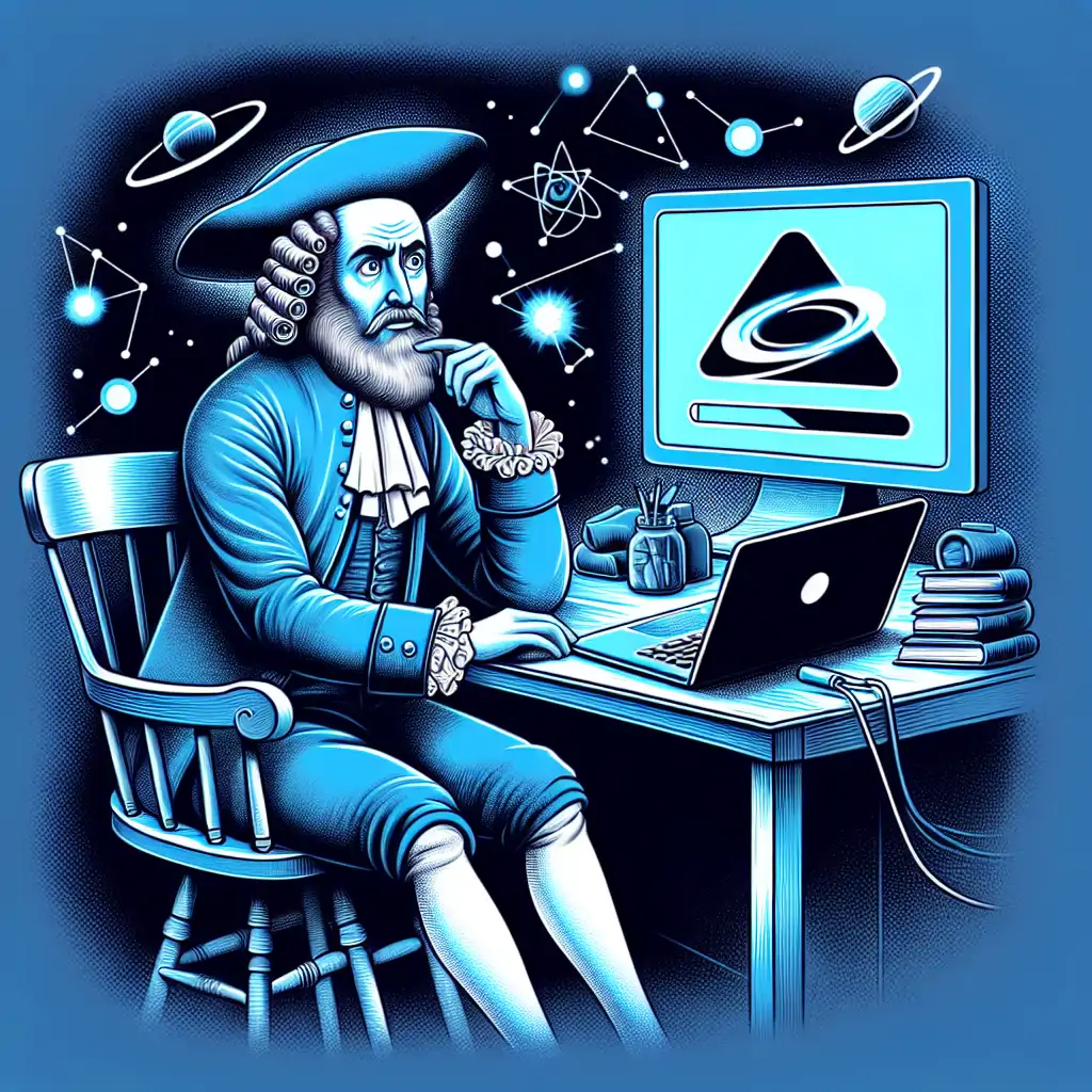 An illustration of René Descartes sitting at a modern desk with a laptop, looking perplexed by a buffering symbol on the screen.