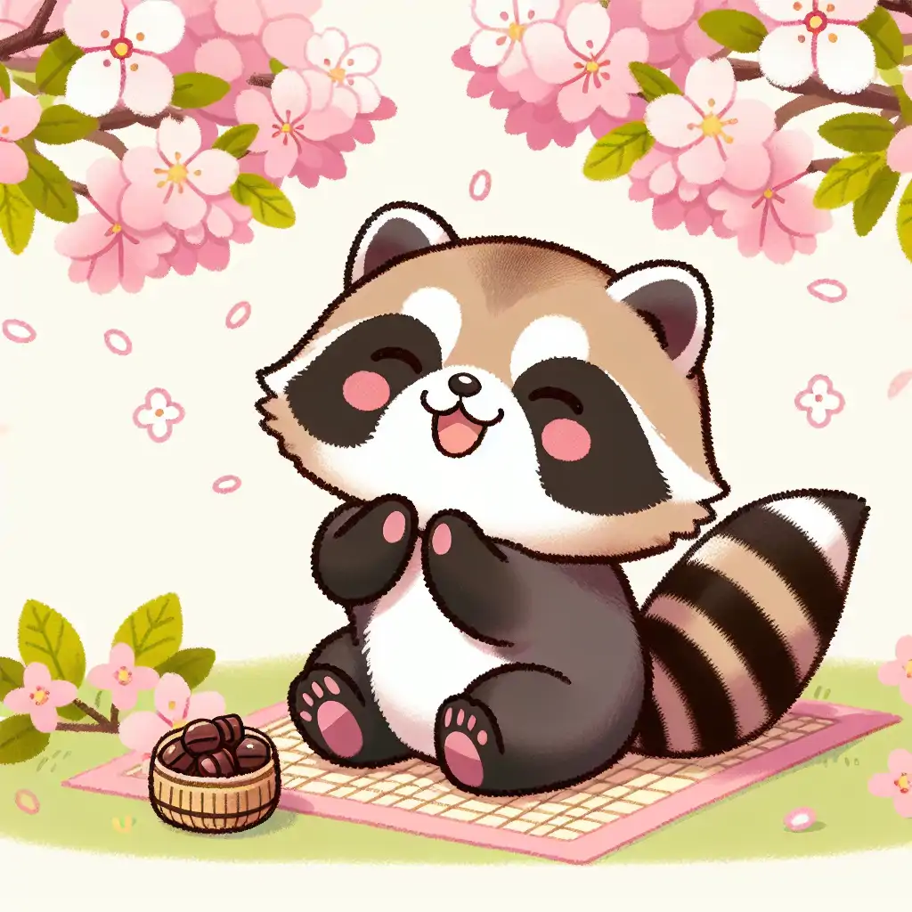 A serene depiction of Tanuki gathering joyously under cherry blossoms, symbolizing the festive spirit and unity they bring.