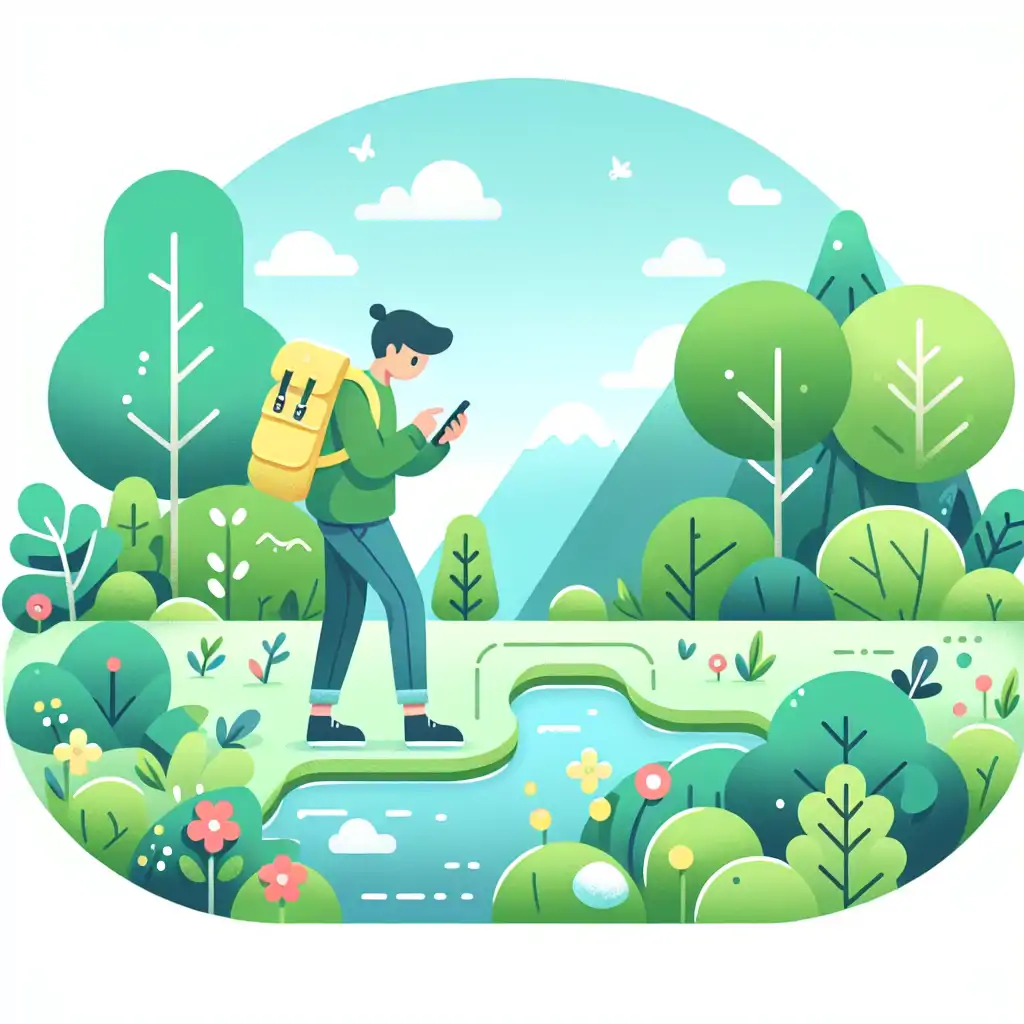 Person using a smartphone while hiking, surrounded by nature