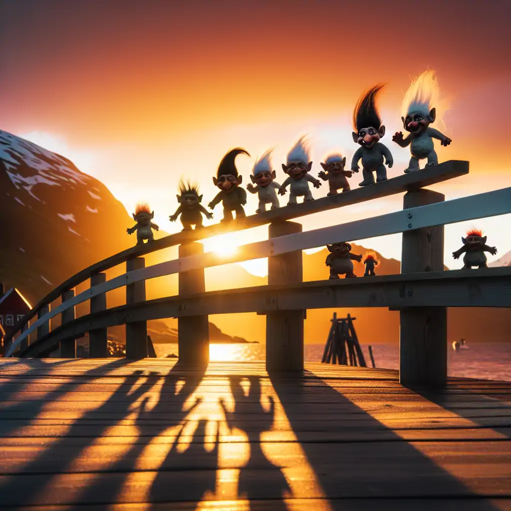 A sunset casting playful shadows of troll figures on a quaint Scandinavian bridge.