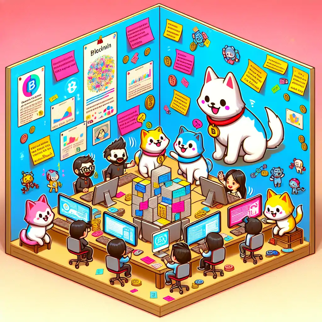 A humorous depiction of blockchain enthusiasts debating over computer screens, surrounded by colorful sticky notes and oversized digital pet posters.