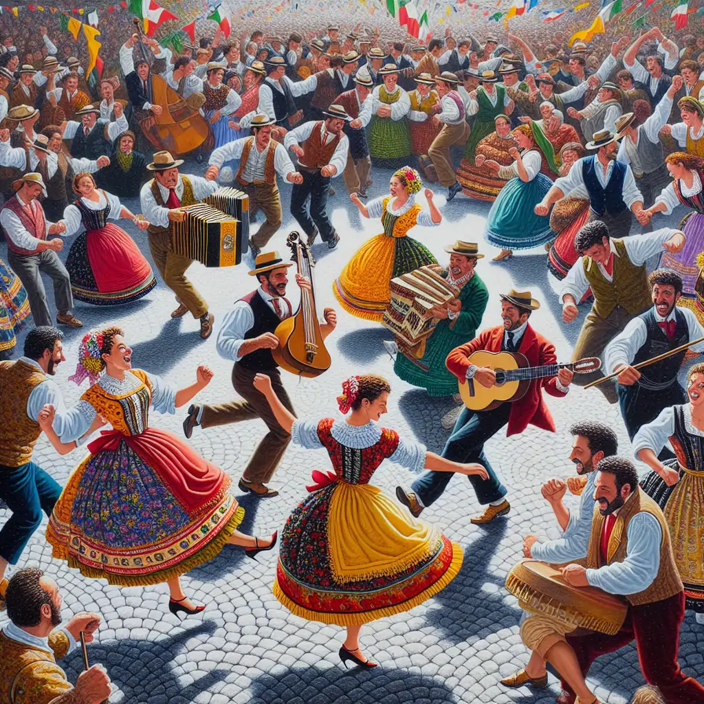 A depiction of a modern-day festival in Southern Italy celebrating the Tarantella dance, with colorful costumes and lively musicians.