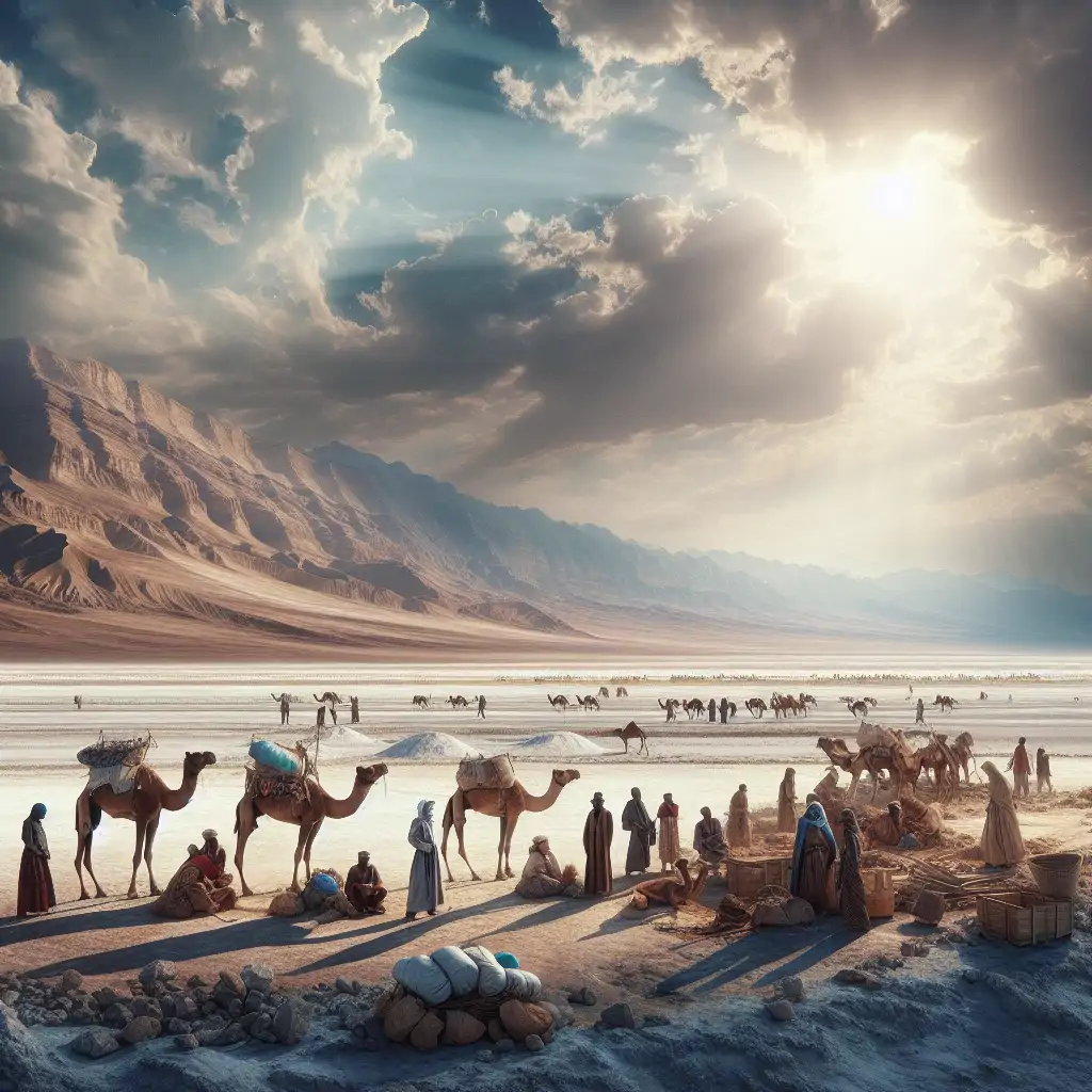 A panoramic view of the Afar Depression showing the vast salt flats with camels in the foreground and miners working in the background, under the scorching sun