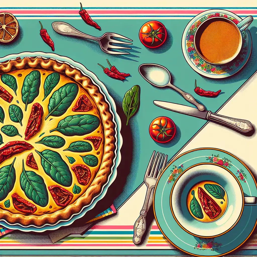 A vibrant 1980s quiche with spinach and sun-dried tomatoes on a retro table setting.